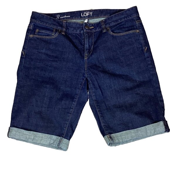 LOFT Modern Denim Jean Bermuda Walking Shorts Sz 2 Dark Wash Blue 289E - Picture 2 of 9